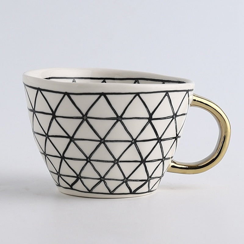 Abstract Geometric Ceramic Coffee Cup with Gold Handle