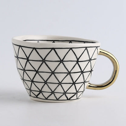 Abstract Geometric Ceramic Coffee Cup with Gold Handle