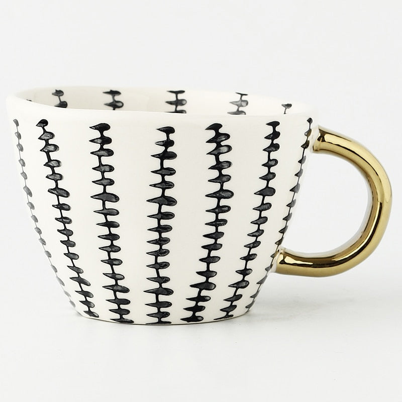 Abstract Geometric Ceramic Coffee Cup with Gold Handle