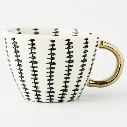 Abstract Geometric Ceramic Coffee Cup with Gold Handle