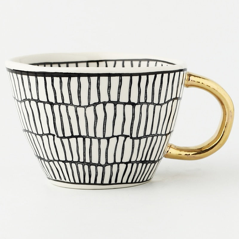Abstract Geometric Ceramic Coffee Cup with Gold Handle