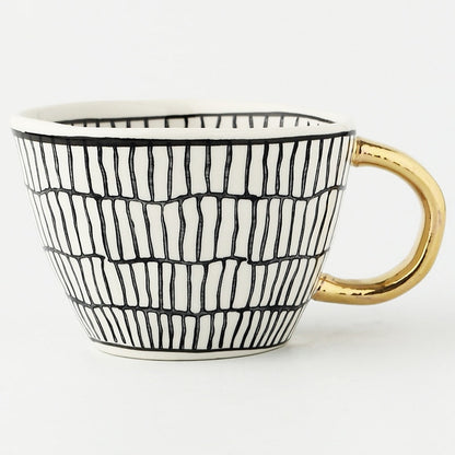 Abstract Geometric Ceramic Coffee Cup with Gold Handle
