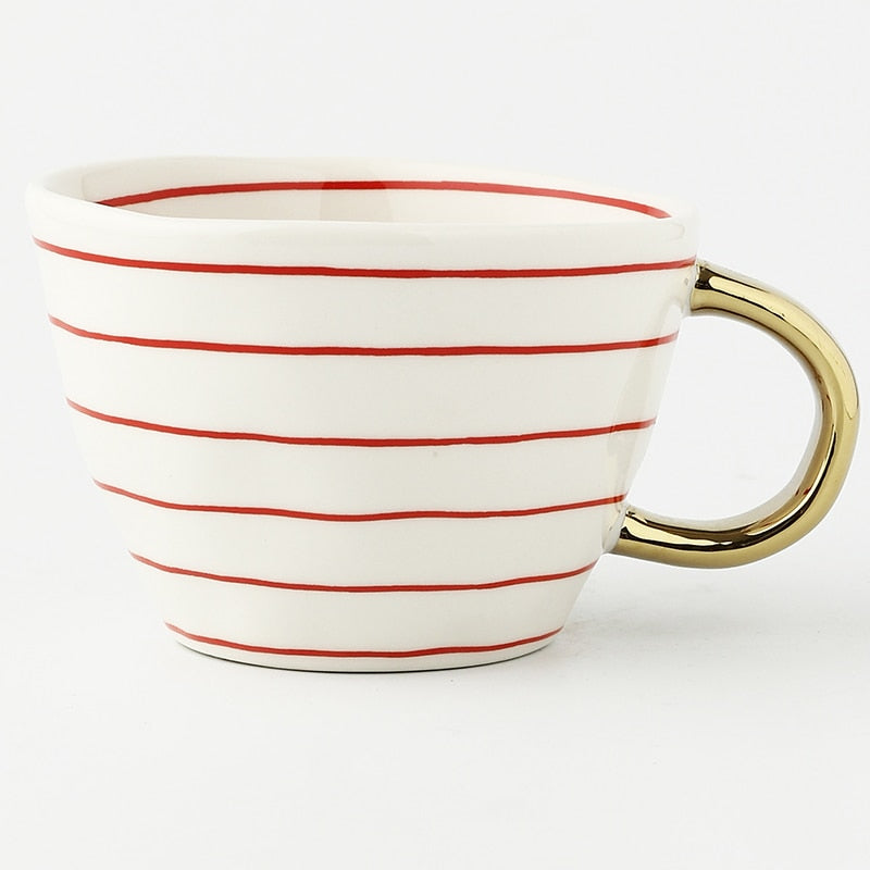Abstract Geometric Ceramic Coffee Cup with Gold Handle