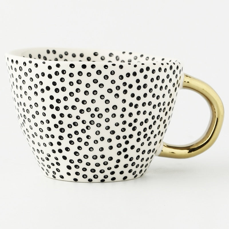 Abstract Geometric Ceramic Coffee Cup with Gold Handle