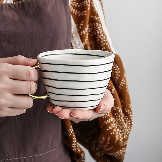 Abstract Geometric Ceramic Coffee Cup with Gold Handle