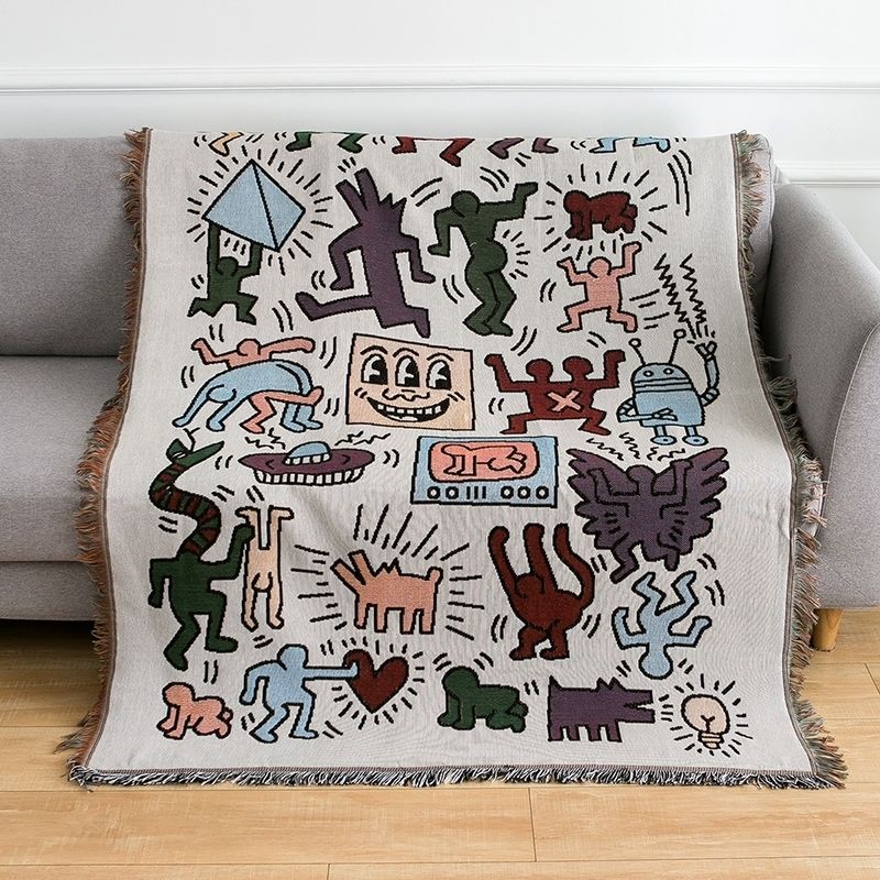Abstract Jacquard Woven Throw Blanket with Fringe