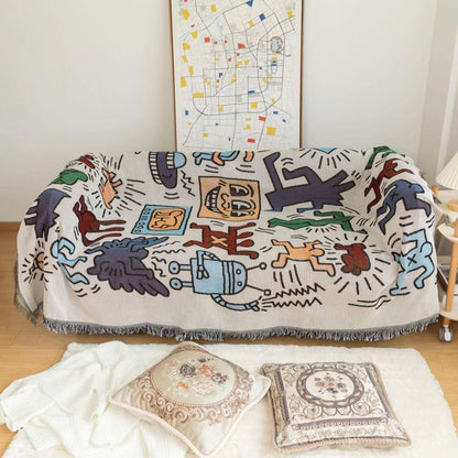 Abstract Jacquard Woven Throw Blanket with Fringe