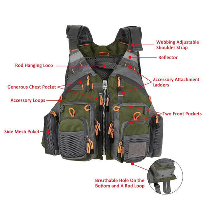 Adjustable Fishing Life Vest with Multi Pocket Storage