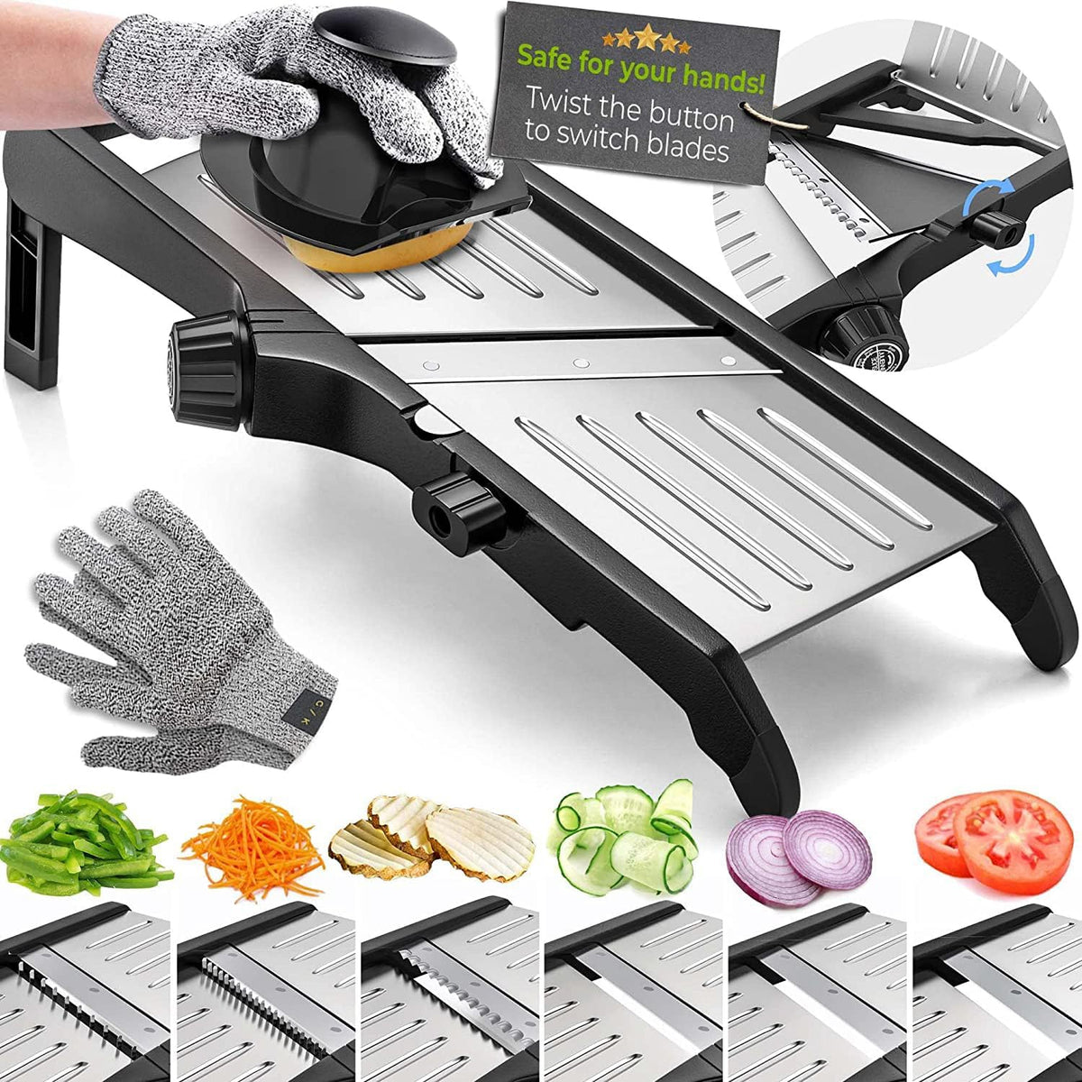 Adjustable Stainless Steel Mandoline Food Slicer with Safety Gloves