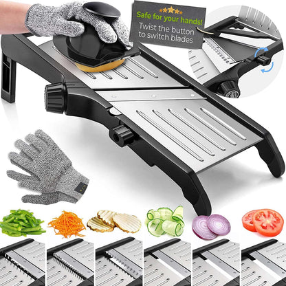 Adjustable Stainless Steel Mandoline Food Slicer with Safety Gloves
