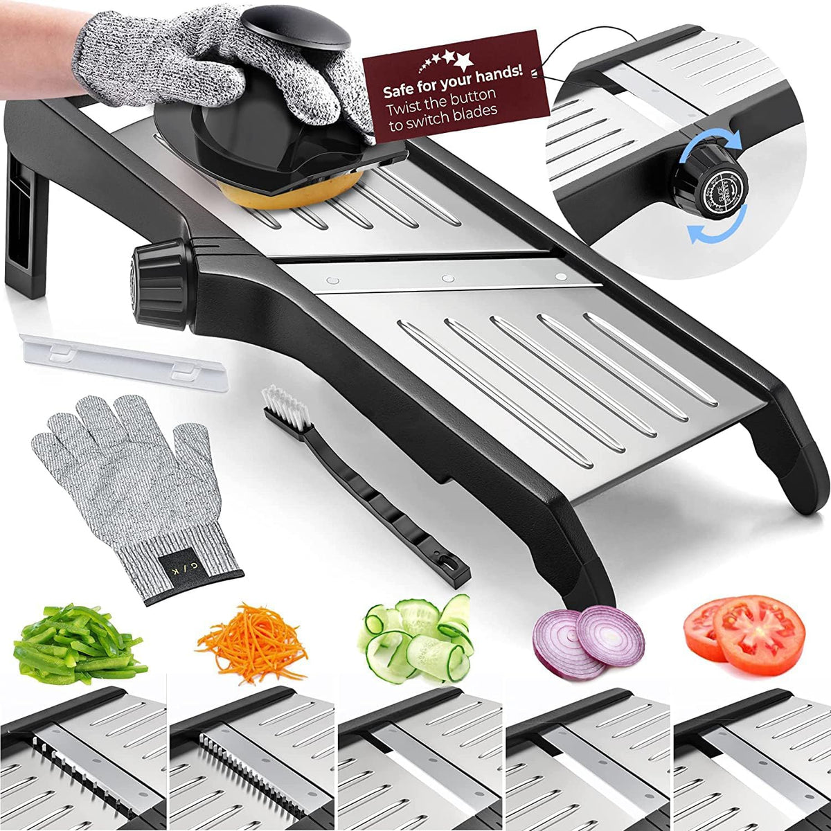 Adjustable Stainless Steel Mandoline Food Slicer with Safety Gloves
