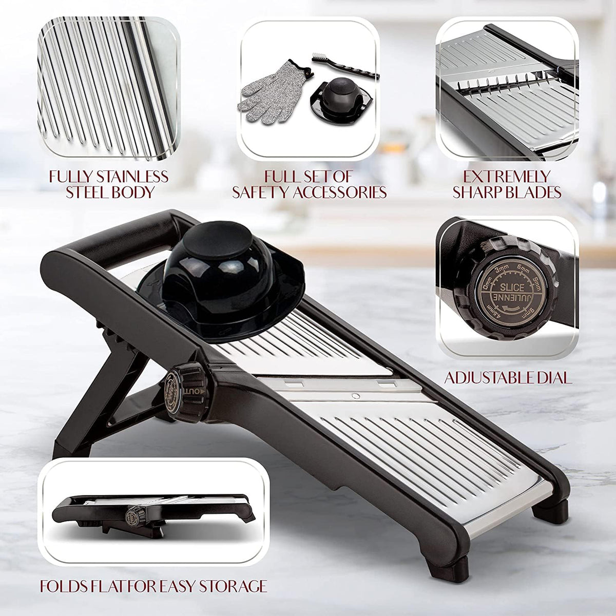 Adjustable Stainless Steel Mandoline Food Slicer with Safety Gloves