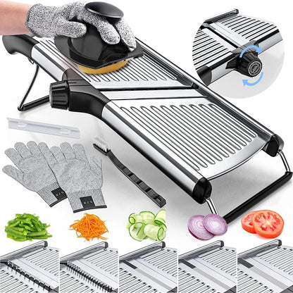Adjustable Stainless Steel Mandoline Food Slicer with Safety Gloves