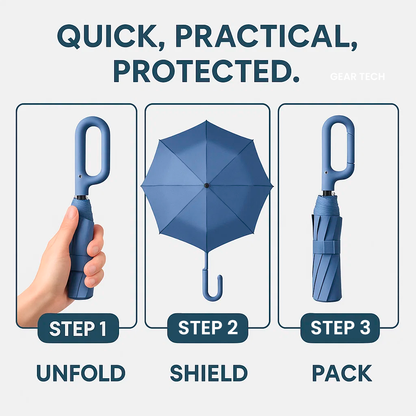 Automatic Reverse Folding Umbrella with Carabiner Handle and Reflective Trim