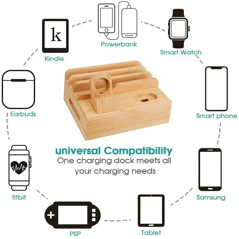 Bamboo Charging Station Organizer with 5 Port USB Charger Cable Management