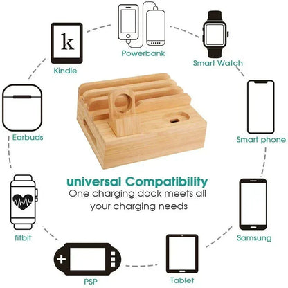Bamboo Charging Station Organizer with 5 Port USB Charger Cable Management