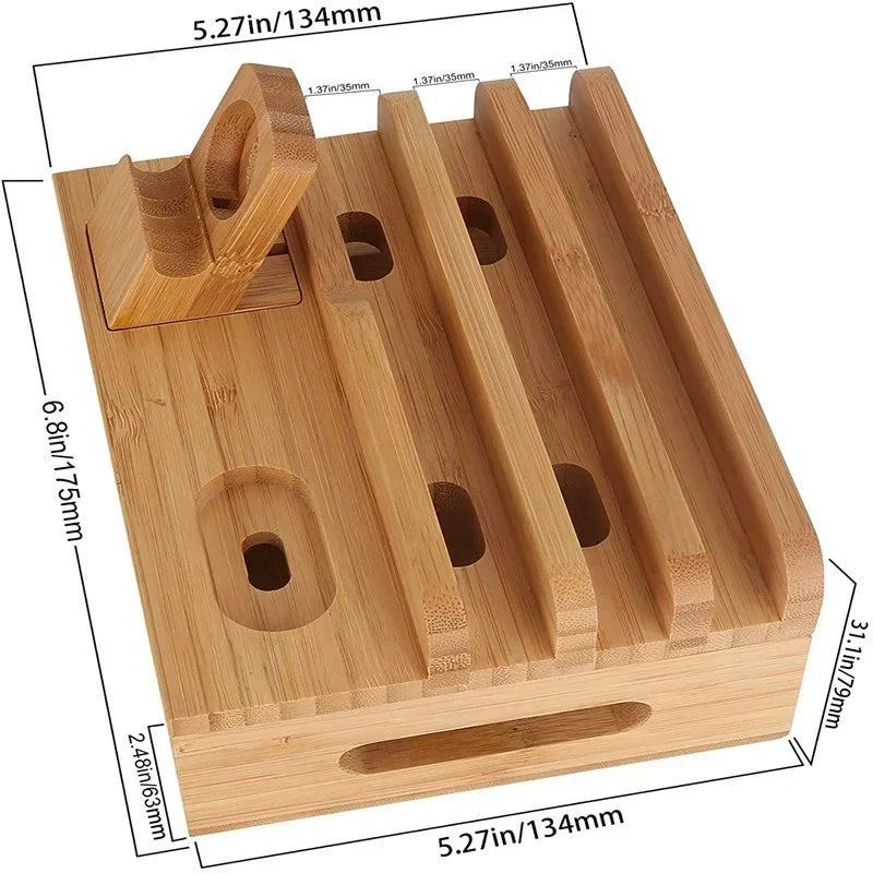Bamboo Charging Station Organizer with 5 Port USB Charger Cable Management