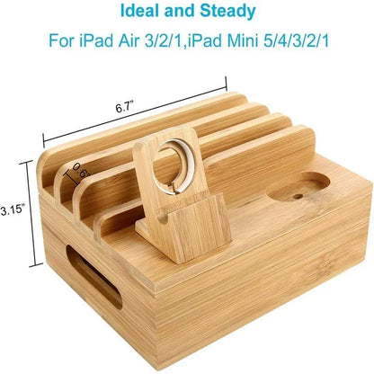 Bamboo Charging Station Organizer with 5 Port USB Charger Cable Management