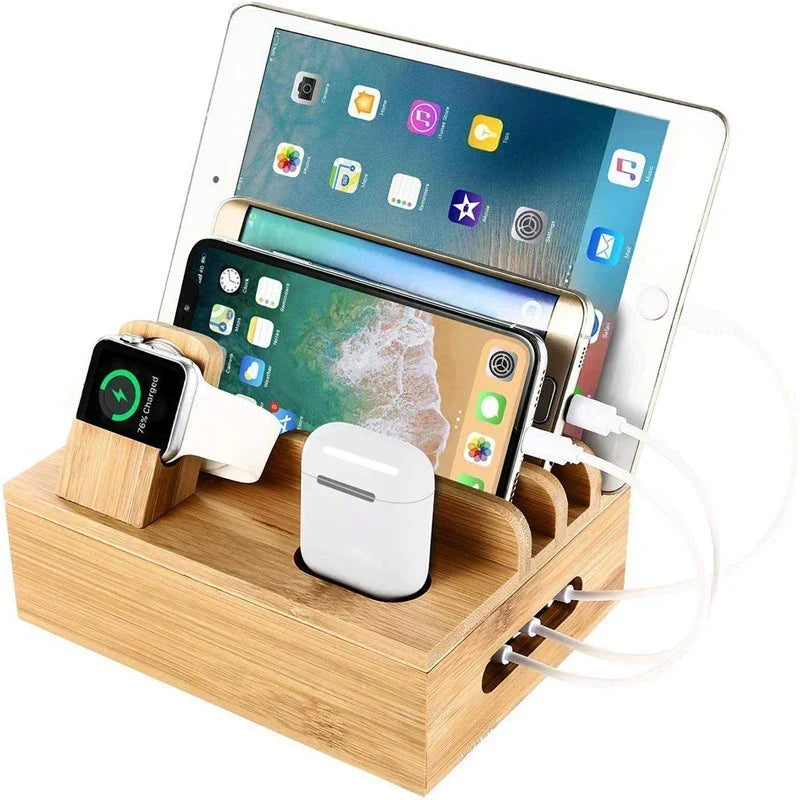 Bamboo Charging Station Organizer with 5 Port USB Charger Cable Management