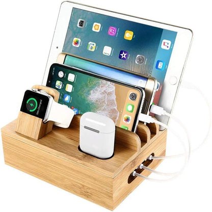 Bamboo Charging Station Organizer with 5 Port USB Charger Cable Management