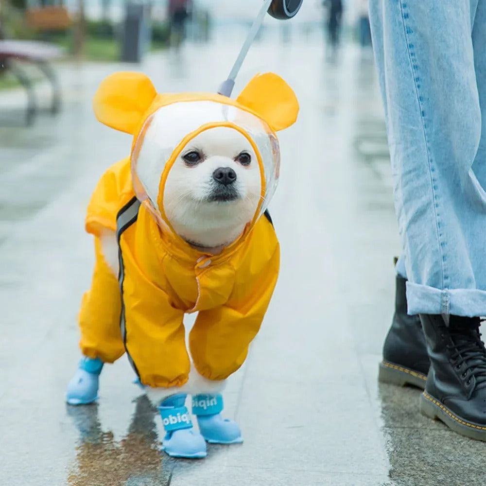 Bear Hood Full Body Waterproof Dog Raincoat with Reflective Trim