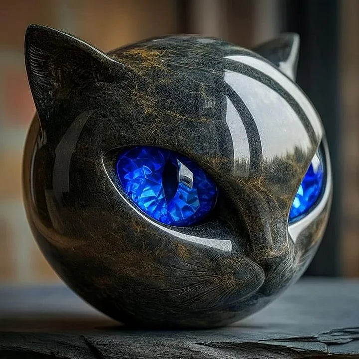 Black Cat Head Sculpture with Glossy Finish and Hypnotic Decorative Eyes