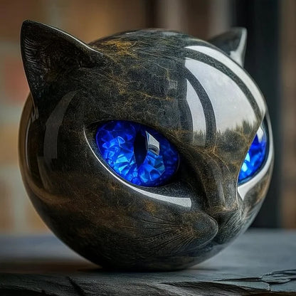 Black Cat Head Sculpture with Glossy Finish and Hypnotic Decorative Eyes