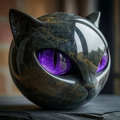 Black Cat Head Sculpture with Glossy Finish and Hypnotic Decorative Eyes