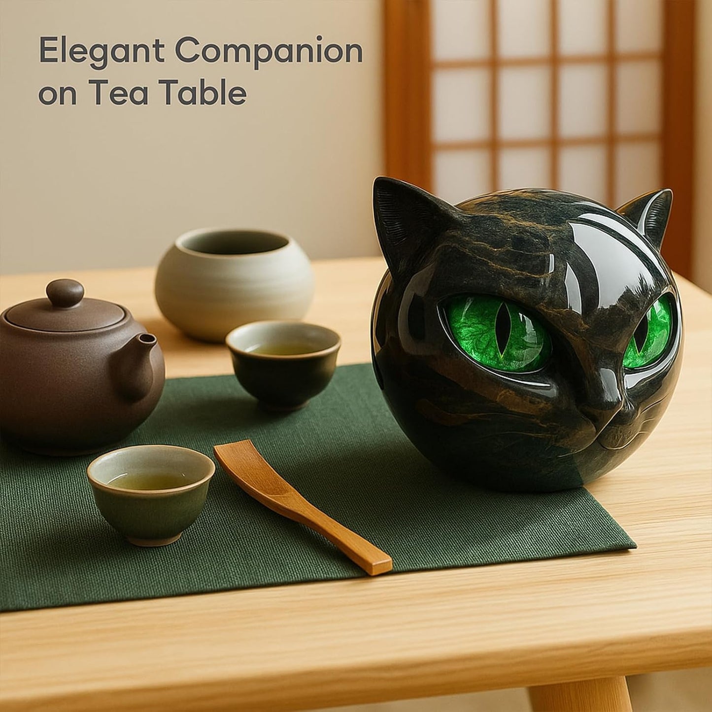 Black Cat Head Sculpture with Glossy Finish and Hypnotic Decorative Eyes