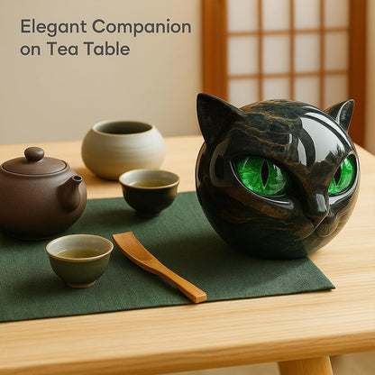 Black Cat Head Sculpture with Glossy Finish and Hypnotic Decorative Eyes
