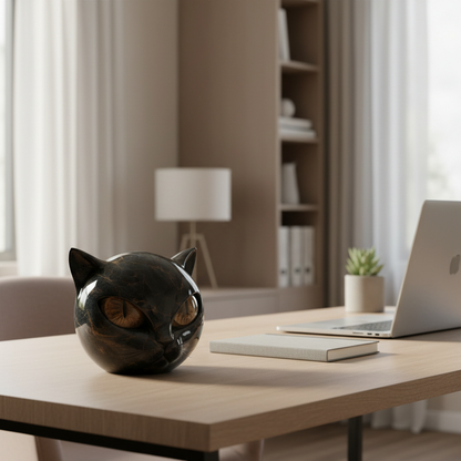 Black Cat Head Sculpture with Glossy Finish and Hypnotic Decorative Eyes