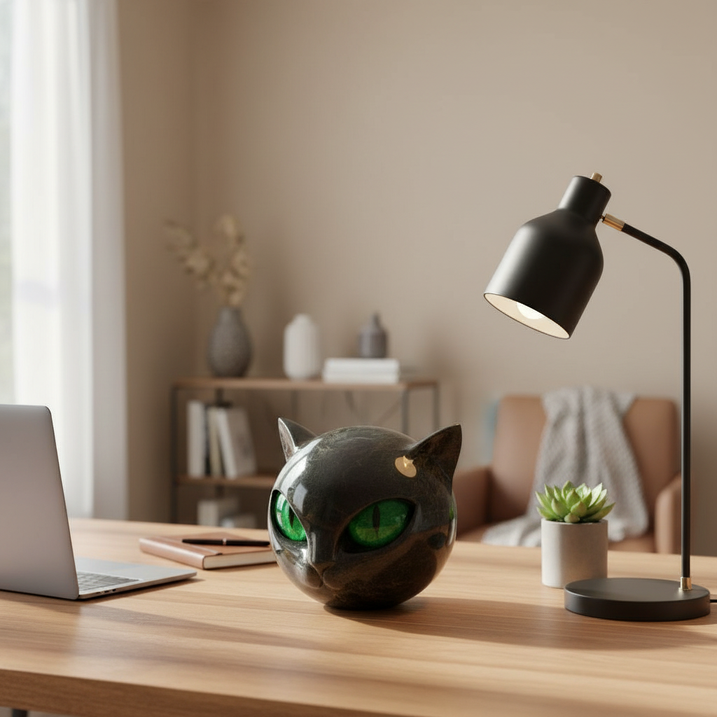 Black Cat Head Sculpture with Glossy Finish and Hypnotic Decorative Eyes
