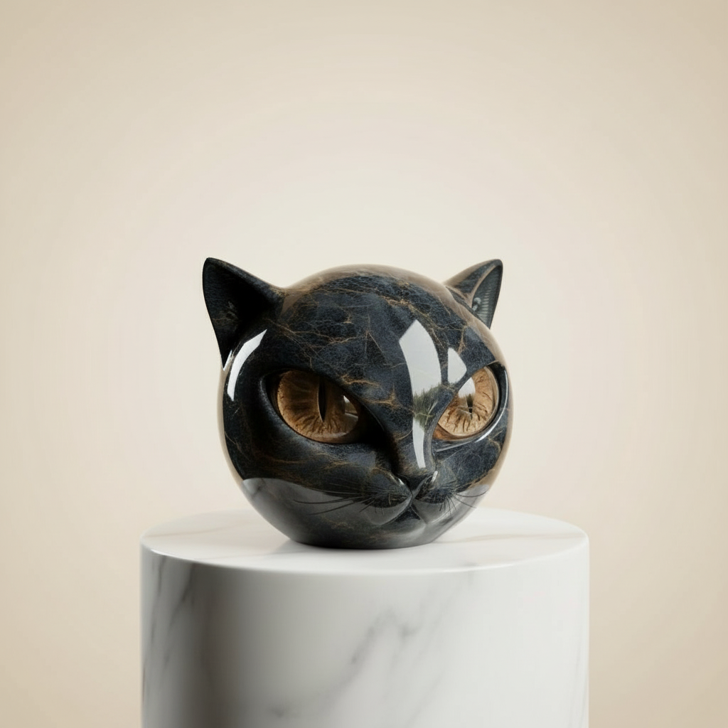 Black Cat Head Sculpture with Glossy Finish and Hypnotic Decorative Eyes