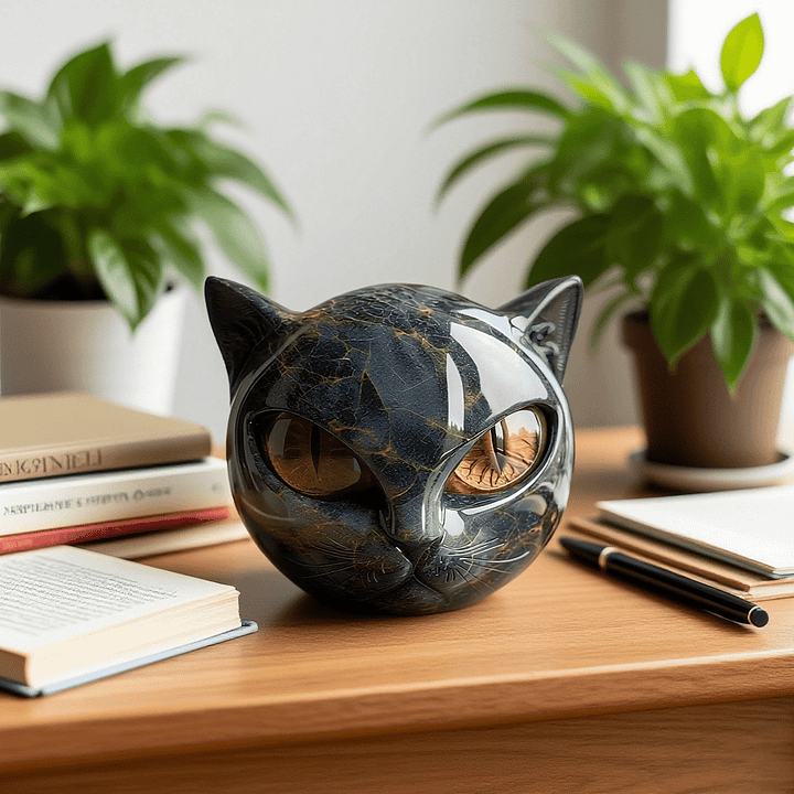 Black Cat Head Sculpture with Glossy Finish and Hypnotic Decorative Eyes