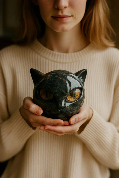Black Cat Head Sculpture with Glossy Finish and Hypnotic Decorative Eyes