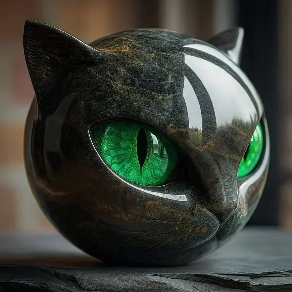Black Cat Head Sculpture with Glossy Finish and Hypnotic Decorative Eyes