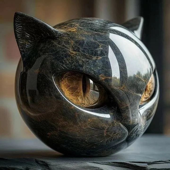 Black Cat Head Sculpture with Glossy Finish and Hypnotic Decorative Eyes