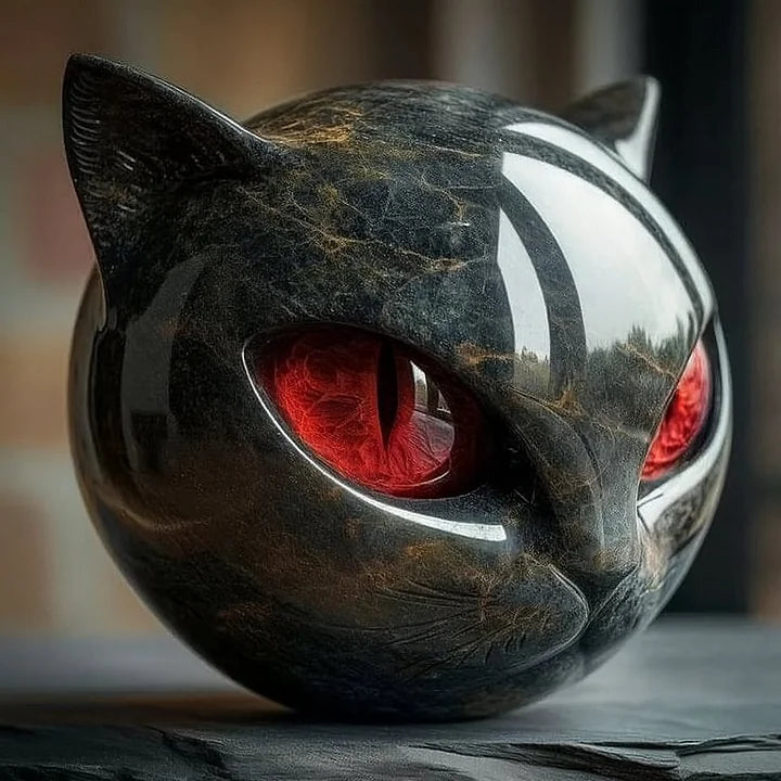 Black Cat Head Sculpture with Glossy Finish and Hypnotic Decorative Eyes