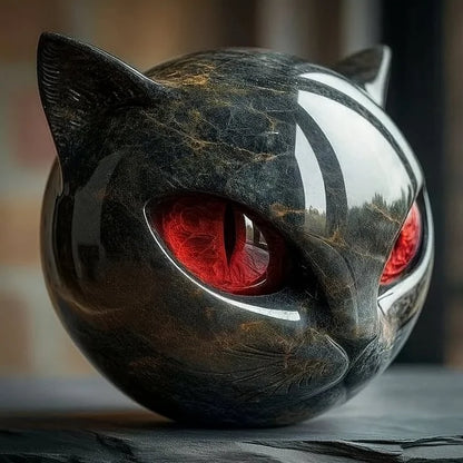 Black Cat Head Sculpture with Glossy Finish and Hypnotic Decorative Eyes