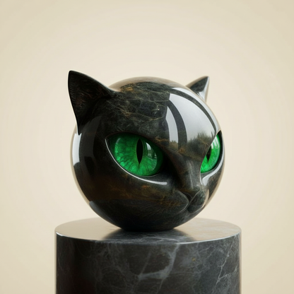 Black Cat Head Sculpture with Glossy Finish and Hypnotic Decorative Eyes