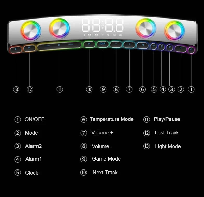Bluetooth Gaming Speaker with RGB Lights and Clock