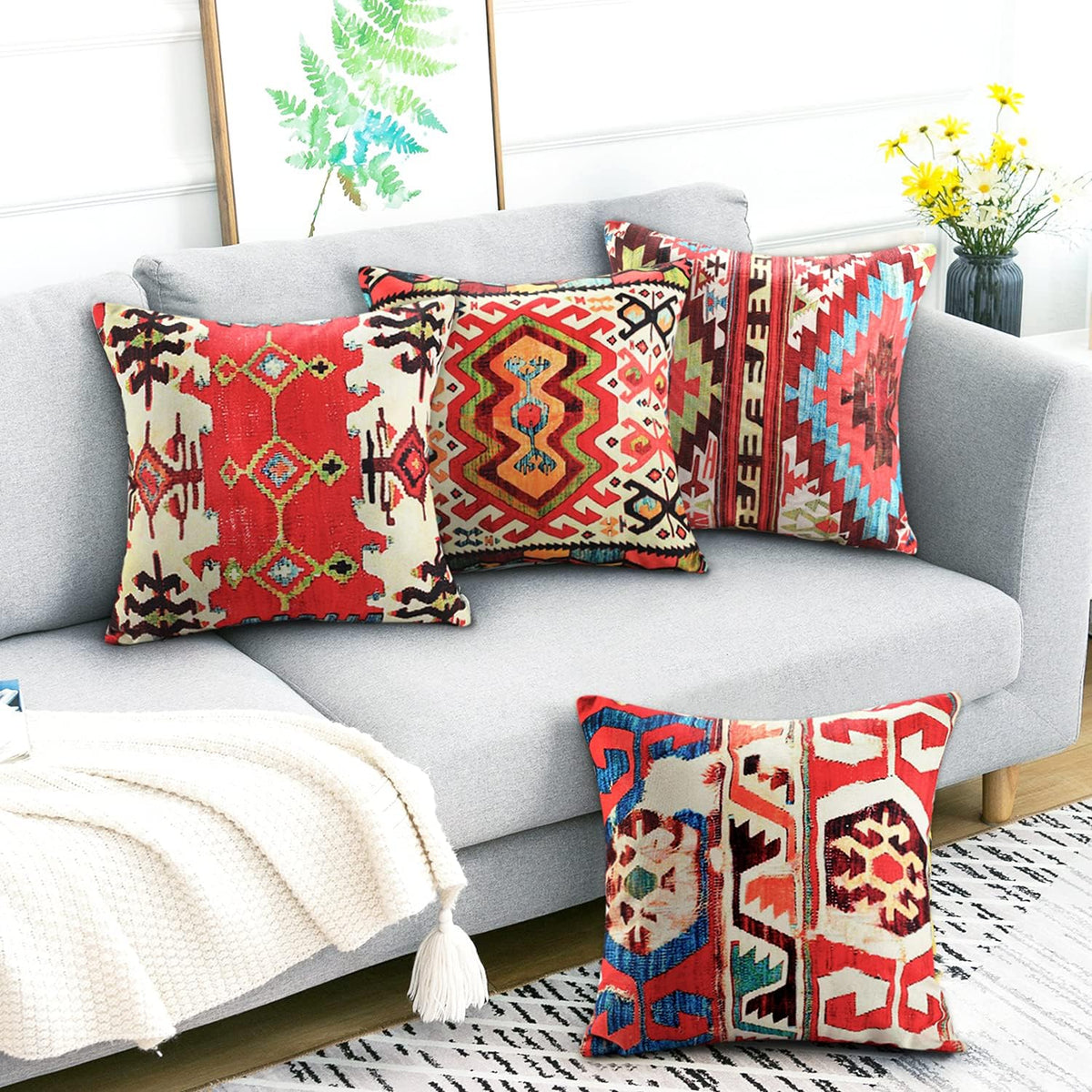 Boho Mandala Linen Throw Pillow Cover with Zipper
