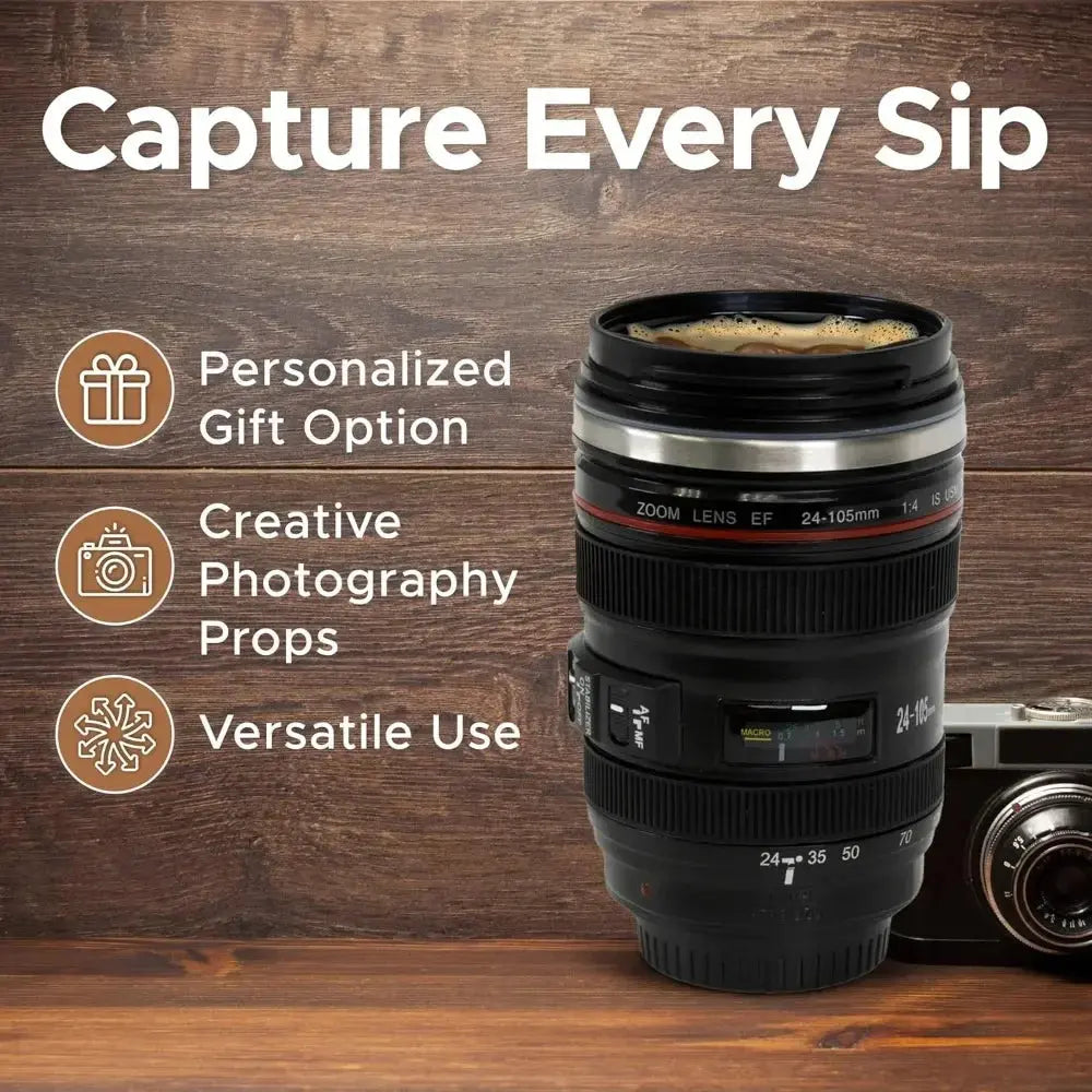 Camera Lens Style Travel Mug with Stainless Steel Interior