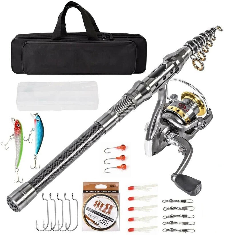 Carbon Fiber Telescopic Fishing Rod and Reel Combo with Carry Bag
