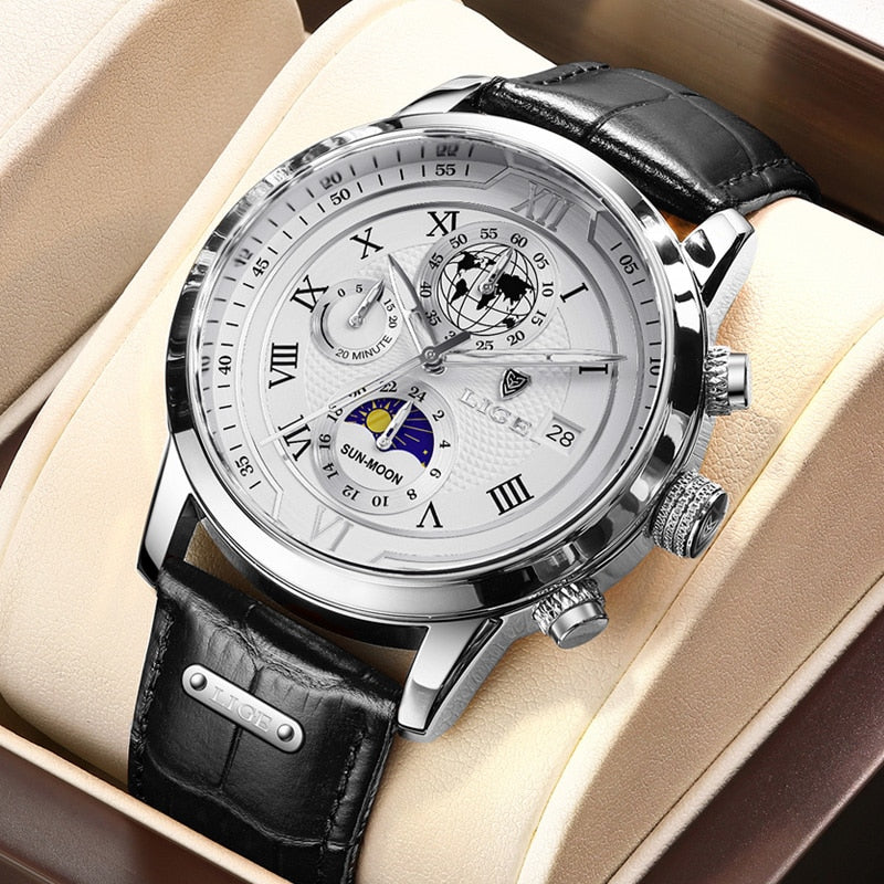 Classic Chronograph Men's Quartz Wristwatch with Leather Strap
