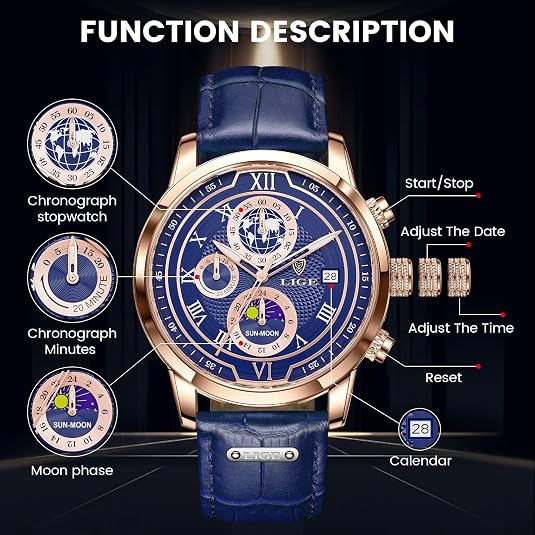 Classic Chronograph Men's Quartz Wristwatch with Leather Strap