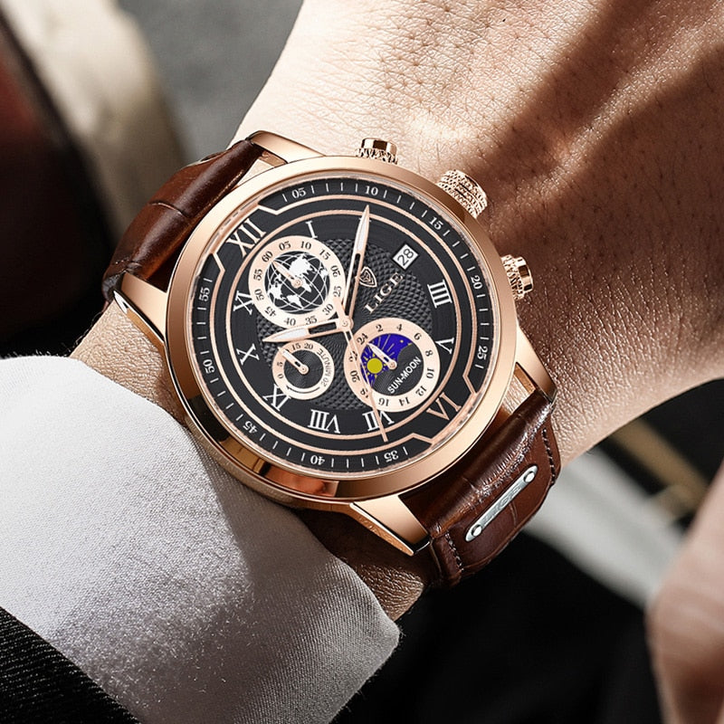 Classic Chronograph Men's Quartz Wristwatch with Leather Strap