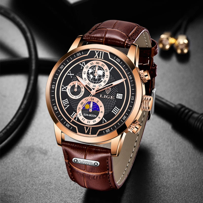 Classic Chronograph Men's Quartz Wristwatch with Leather Strap
