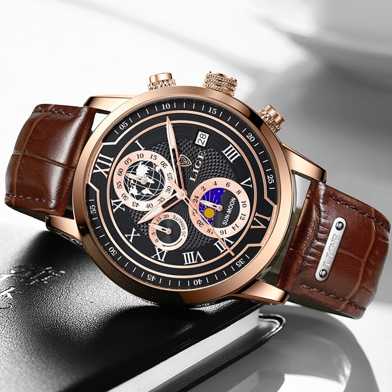 Classic Chronograph Men's Quartz Wristwatch with Leather Strap