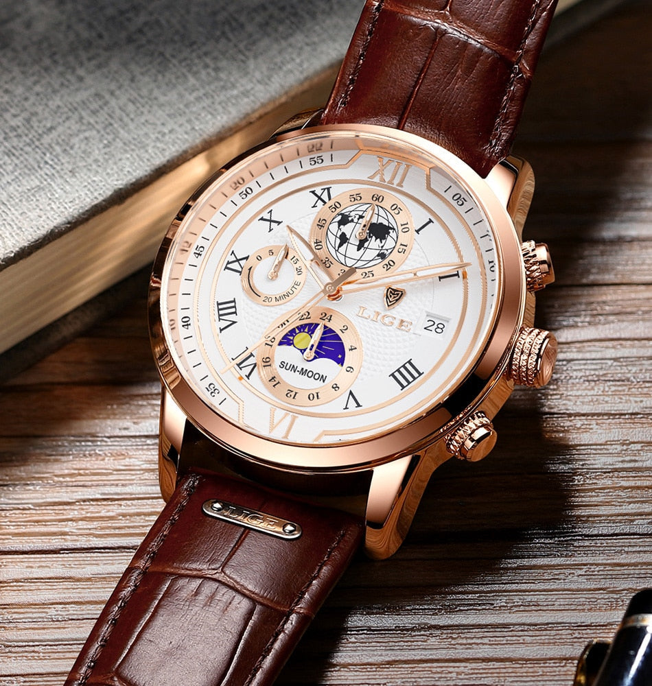 Classic Chronograph Men's Quartz Wristwatch with Leather Strap